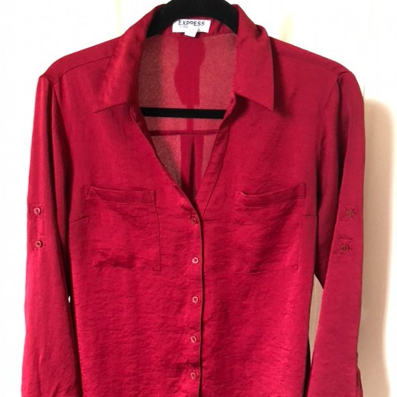 6/10 SHOP CLOSING LAST CALL Express Portofino Two-Pocket Shirt Red Glossy L - Picture 1 of 3
